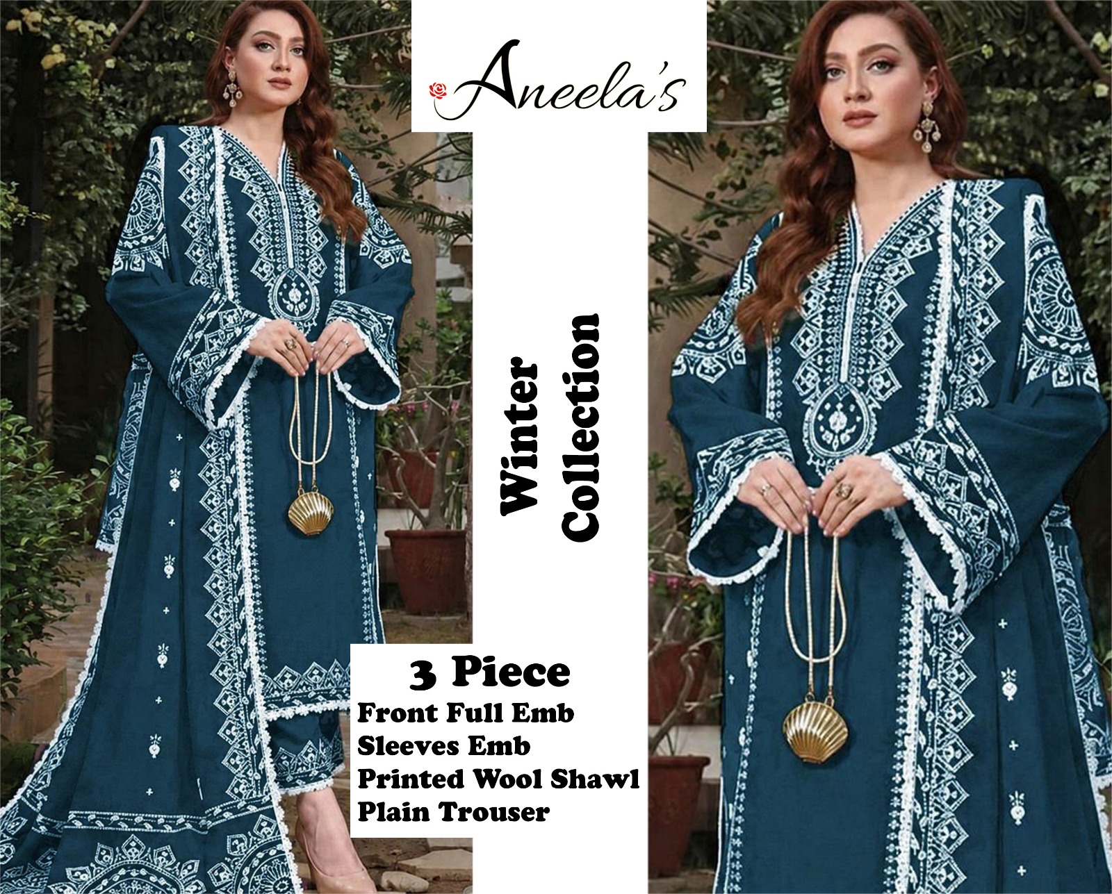 Pure Dhanak 3PC Embroidered Winter Collection | Heavy Embroidered Front, Sleeves & Daman | Digital Printed Dupatta