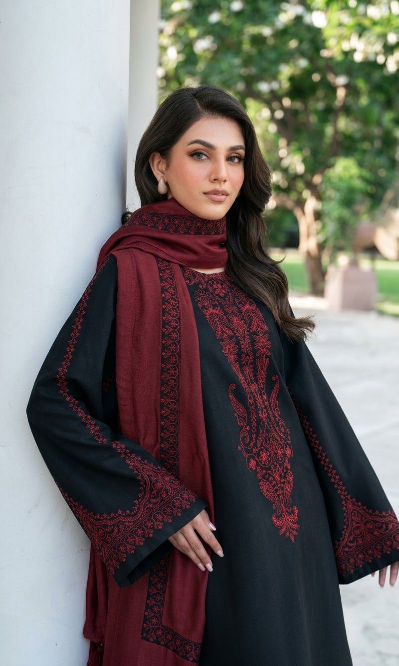 URGE Airjet Dhanak Embroidered 3PC Winter Suit with Pashmina Shawl